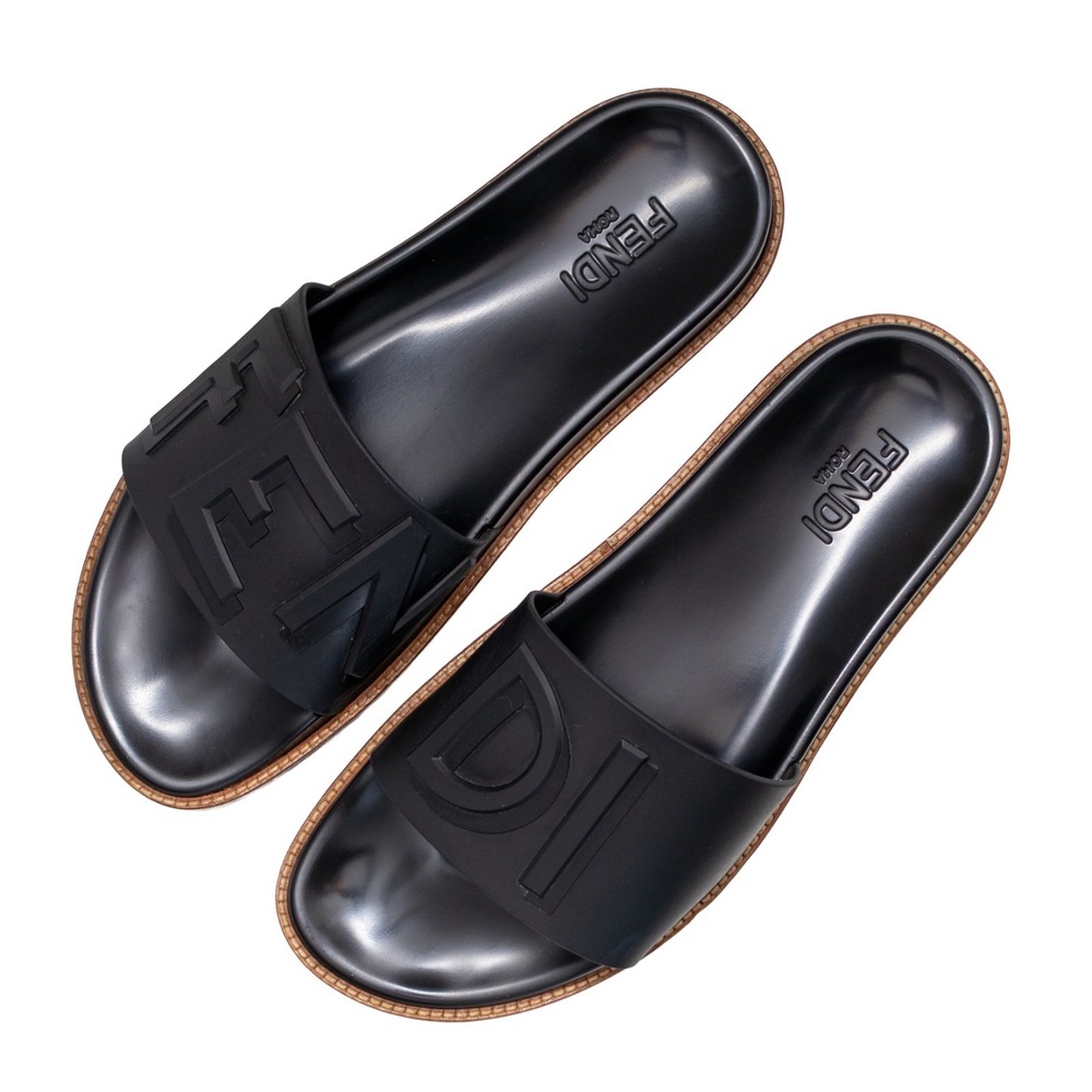 Fendi Men's Logo Slides Size UK 11 EU 45 US 12 Black Rubber Flip Flops Sandals